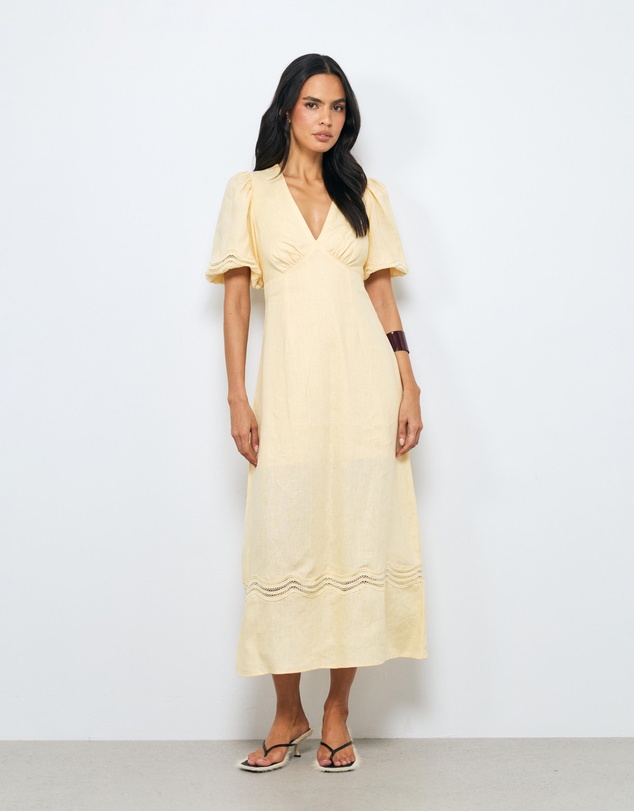 AERE - Dita Trim Puff Sleeve Midi Dress