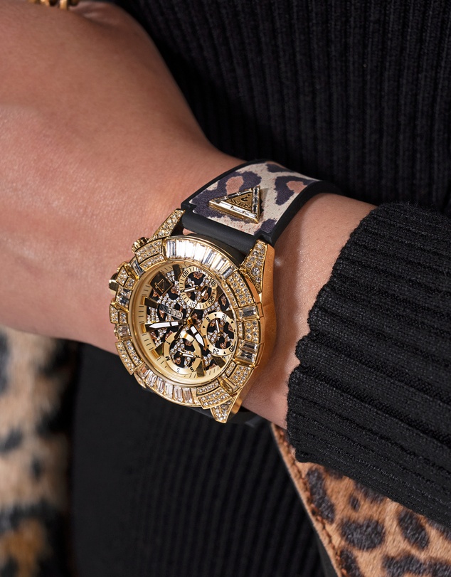 GUESS - ICONIC 40TH Animal 39mm Gold-Tone Case Black Silicone Strap
