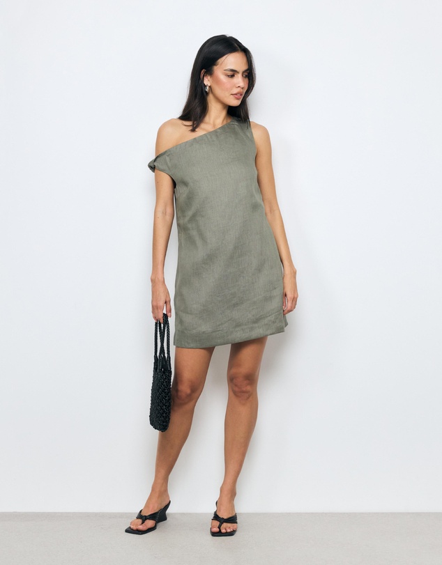 AERE - Aela Off Shoulder Linen Shift Mini Dress