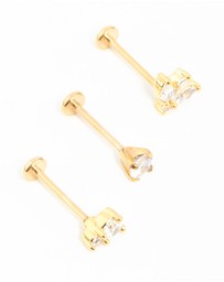 Lovisa - Gold Plated Surgical Steel Double Cubic Zirconia Flat Backs 3-Pack