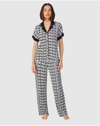 DKNY - Logo Print Viscose Jersey Button Up Short Sleeve Long Pyjama Set