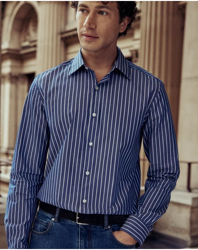 Trenery - Regular Fit Cotton Urban Striped Shirt in Navy