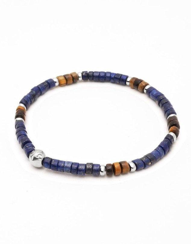 Nialaya Jewellery - Men's Wristband with Blue Lapis and Brown Tiger Eye Heishi Beads