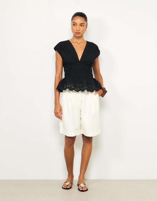 AERE - Bonnie Ruched Lace Peplum Top