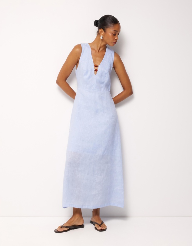 AERE - Cari Bead Detail Linen Midi Dress