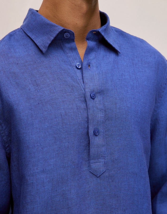 Trenery - Linen End On End Half Placket Shirt in Vivid Blue