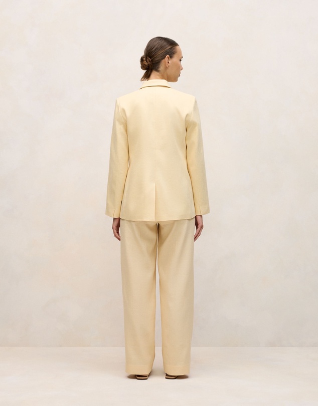 Trenery - Linen Cotton Herringbone Double Breasted Blazer in Butter