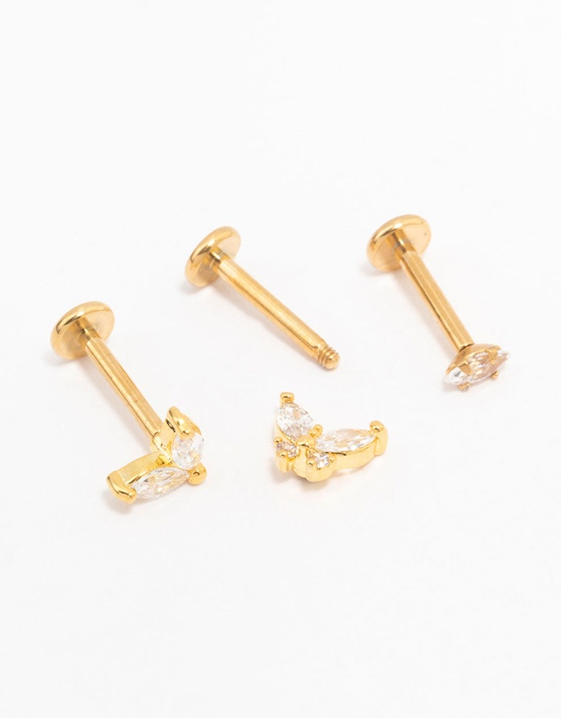 Lovisa - Gold Plated Surgical Steel Butterfly & Marquise Flat Back 3-Pack