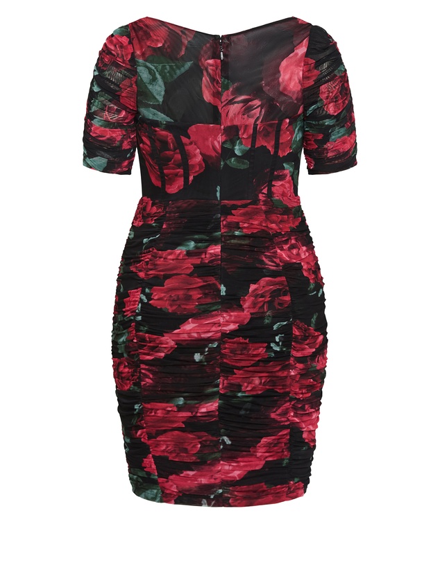 City Chic - Plus size Bustier Rose Print Ruched Dress - black