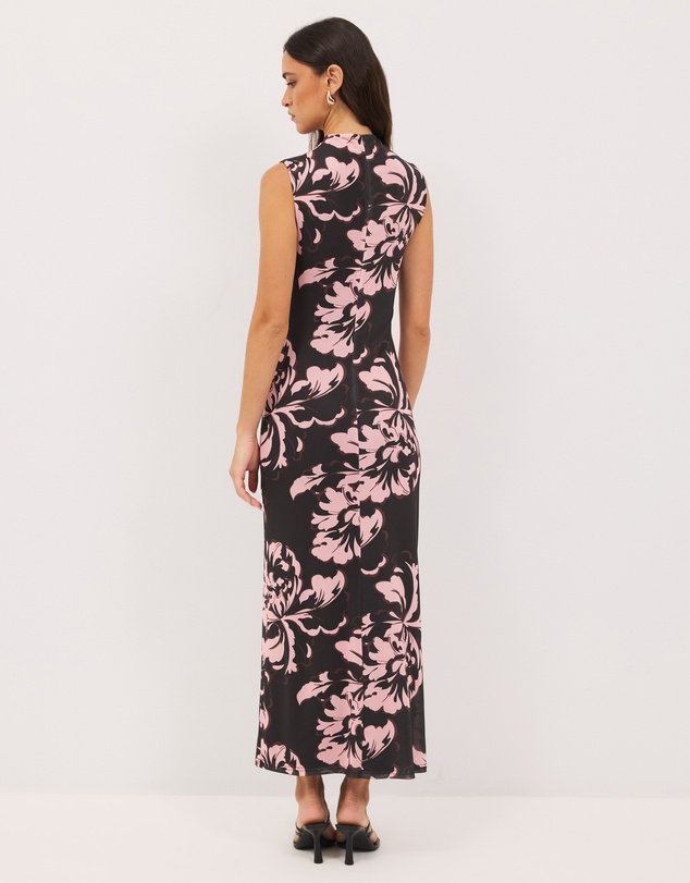 Calli - Luca Gathered Mesh Floral Midi Dress