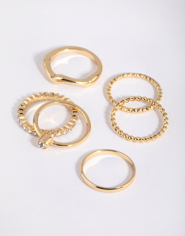 Lovisa - Gold Plated Molten Diamante Ring 6-Pack