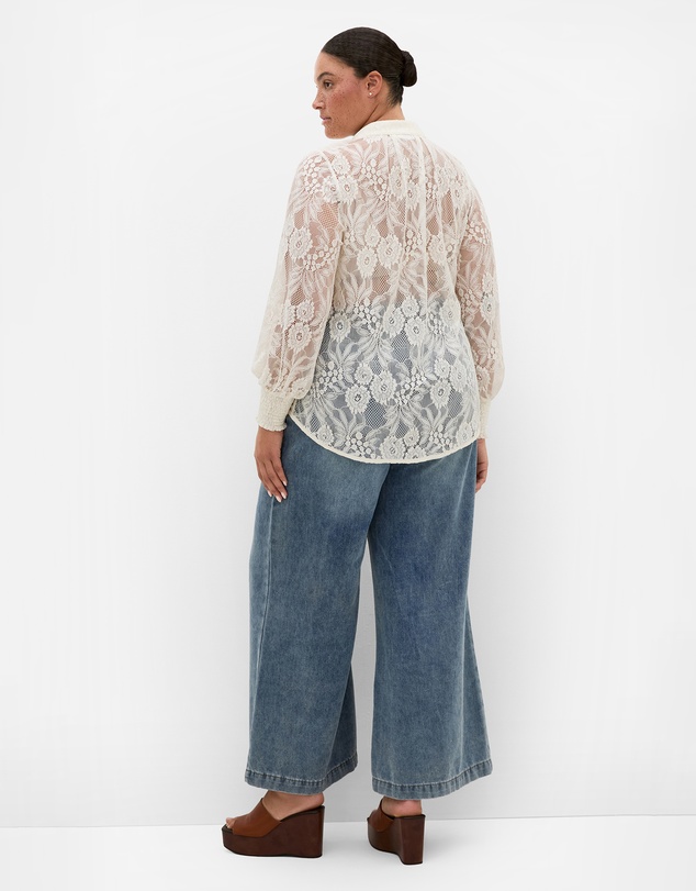 City Chic - Plus size Liv Sheer Lace Long Sleeve Blouse - ivory