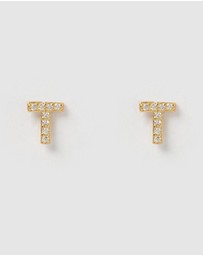 Izoa - Alphabet Mini Letter T Stud Earrings Gold