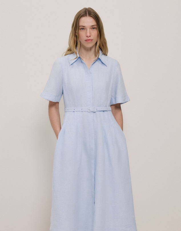 Trenery - Linen Belted Short Sleeve Shirt Dress in Ice Blue