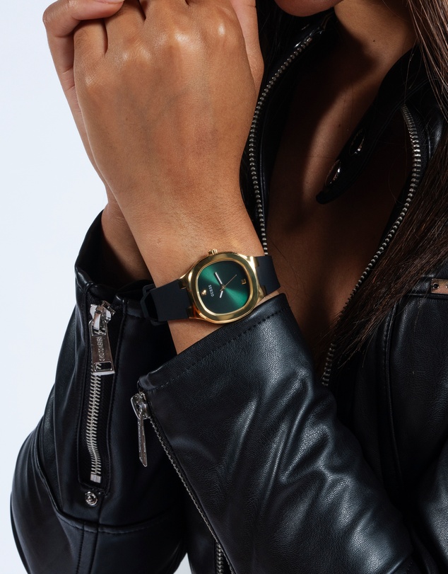 GUESS - Eve Gold-tone 32mm Green Dial Ladies Watch with Black Silicone Strap