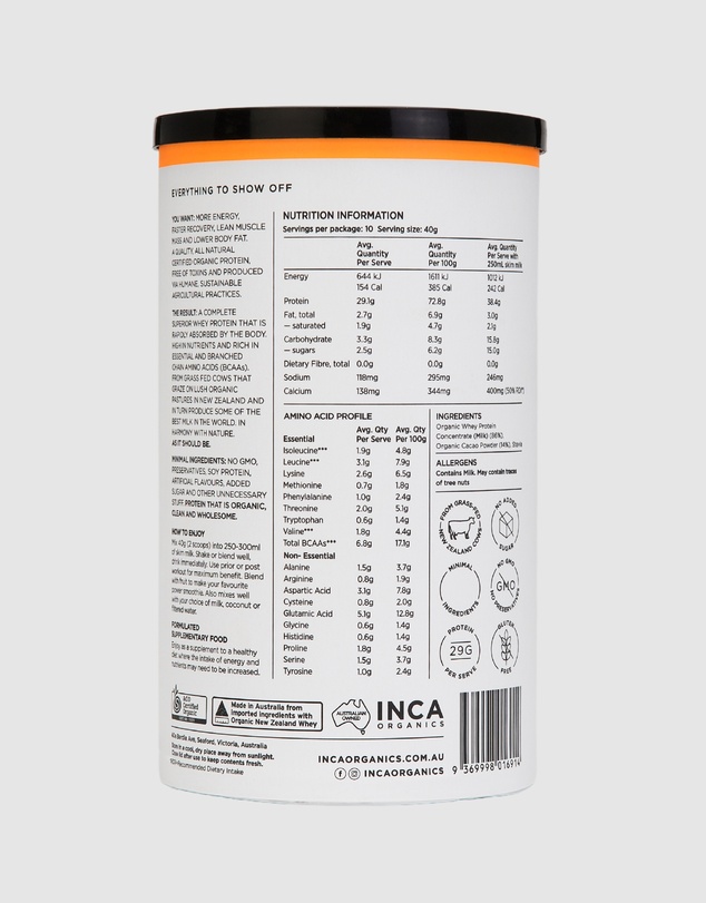 Inca Organics - Certified Organic Whey Protein Powder - Raw Cacao