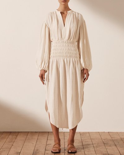 Brigitte Shirred Balloon Sleeve Midi Dress