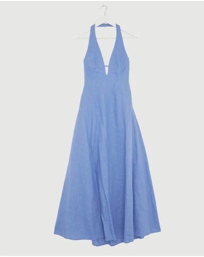 Revibe - Repaired AERE Odele Linen Halter Midi Dress - AU 10