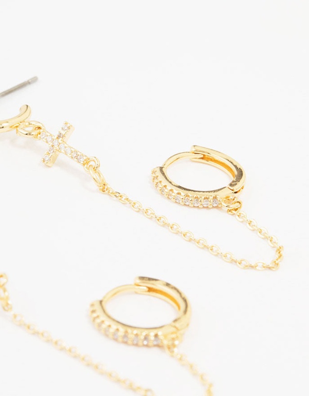 Lovisa - Gold Plated Brass Cross Stud & Chain Earrings 4-Pack