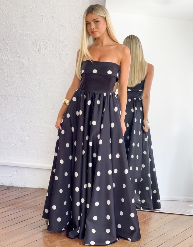 Beginning Boutique - Julianne Strapless Polka Dot Satin Maxi Dress