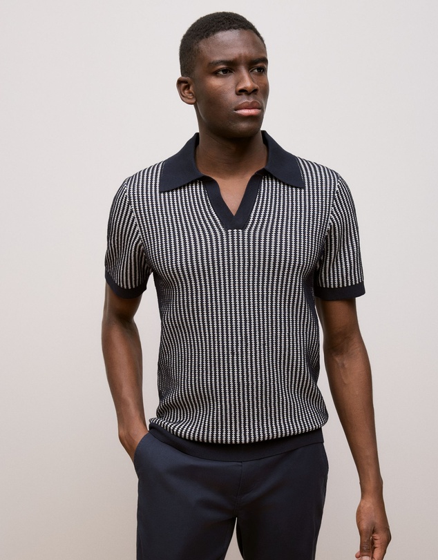 Trenery - Texture Knit Collared Short Sleeve Polo in Navy