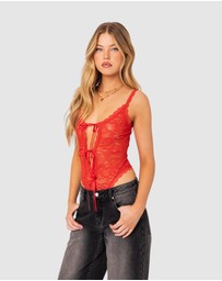 EDIKTED - Maribelle Tie Front Sheer Lace Bodysuit