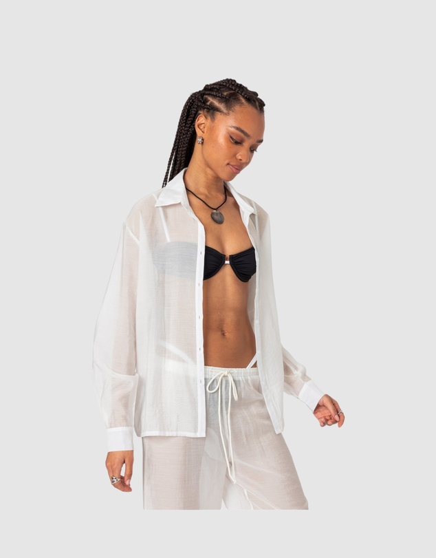 EDIKTED - Breezy Oversized Sheer Button Up Shirt