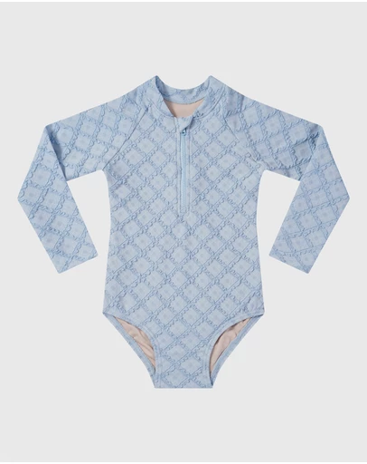 Aqua Blu Kids - Stepping Stones Blue Long Sleeve One Piece - Babies