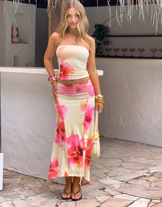 Beginning Boutique - Alora Yellow and Pink Floral Print Hanky Hem Maxi Skirt