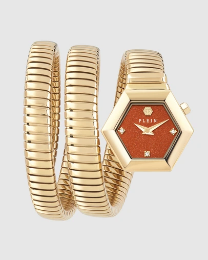 Philipp Plein - Philipp Plein $nake Hexagon 24mm Red Dial Gold-Tone Strap Watch