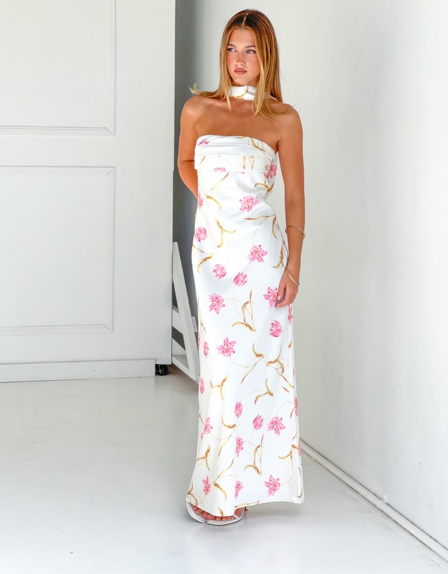 Beginning Boutique - Icelynn Cream Floral Print Strapless Satin Maxi Dress