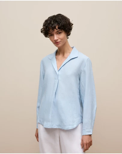 Trenery - Yarn Dyed Linen Popover Shirt in Soft Blue