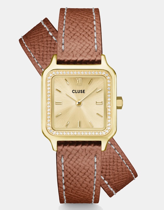 Cluse - Gracieuse Petite Watch Double Leather, White stones, Nutshell, Full Gold Colour