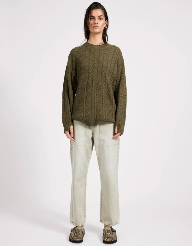 ONE TEASPOON - Mixed Cable Cotton Knit Sweater - Khaki