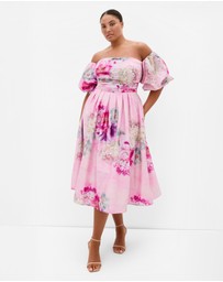 City Chic - Plus size Rosalee Garden Print Puff Sleeve Midi Dress - pink