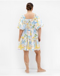 City Chic - Plus Size Fantasy Amalfi Print Puff Sleeve Mini Dress - white