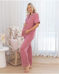 Angel Maternity - Maternity and Nursing Button Front Pajama Set in Pink