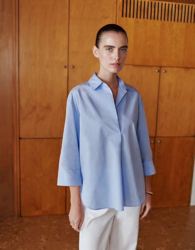 Trenery - Yarn Dyed Cotton Poplin Half Sleeve Shirt in Sky