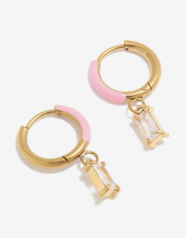 Lovisa - Waterproof Gold Plated Stainless Steel Pink Enamel Cubic Zirconia Charm Huggie Earrings
