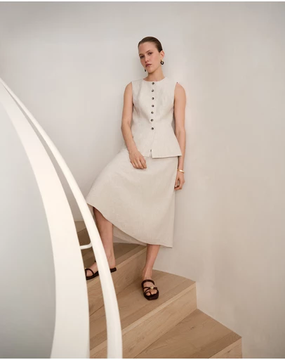 Trenery - Yarn Dyed Linen Bias Slip Skirt in Flax
