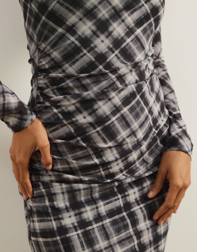 Atmos&Here - Ada Check Printed Mesh Long Sleeve Dress