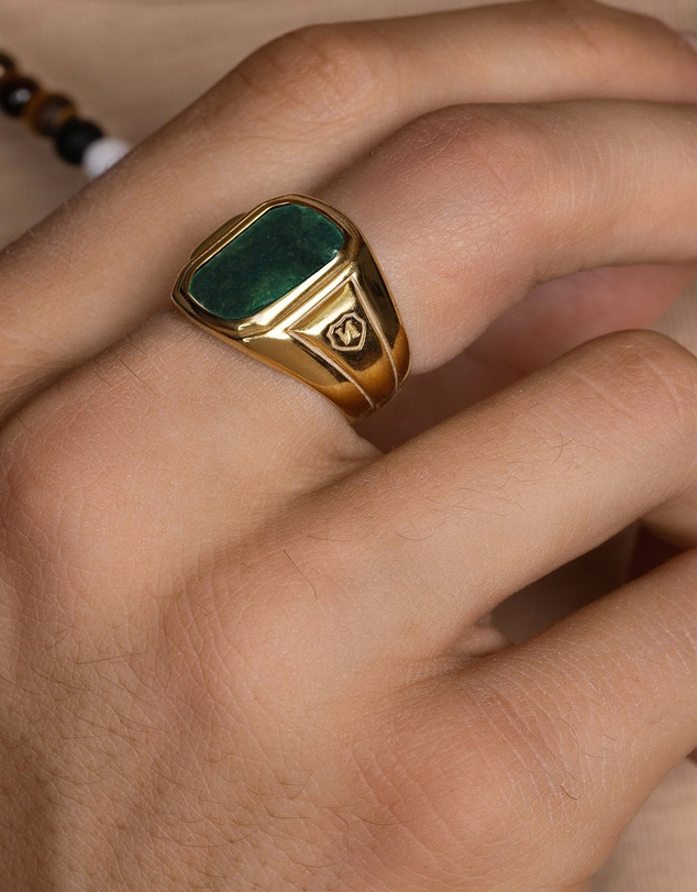 Nialaya Jewellery - Men's Oblong Gold Plated Signet Ring with Green Jade