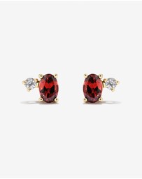 Michael Hill - Round White Sapphire and Oval-Cut Garnet Toi Et Moi Stud Earrings in 10kt Yellow Gold
