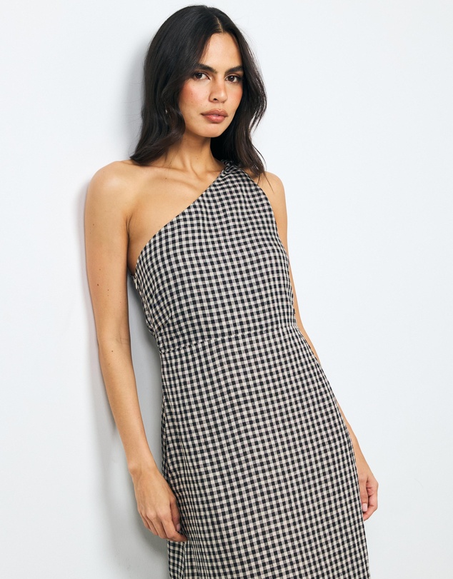 AERE - Ciela Gingham One Shoulder Midi Dress
