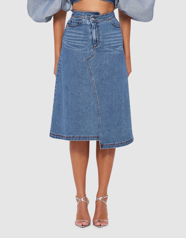 LEO LIN - Quinn Denim Asymmetric Midi Skirt - Dark Wash