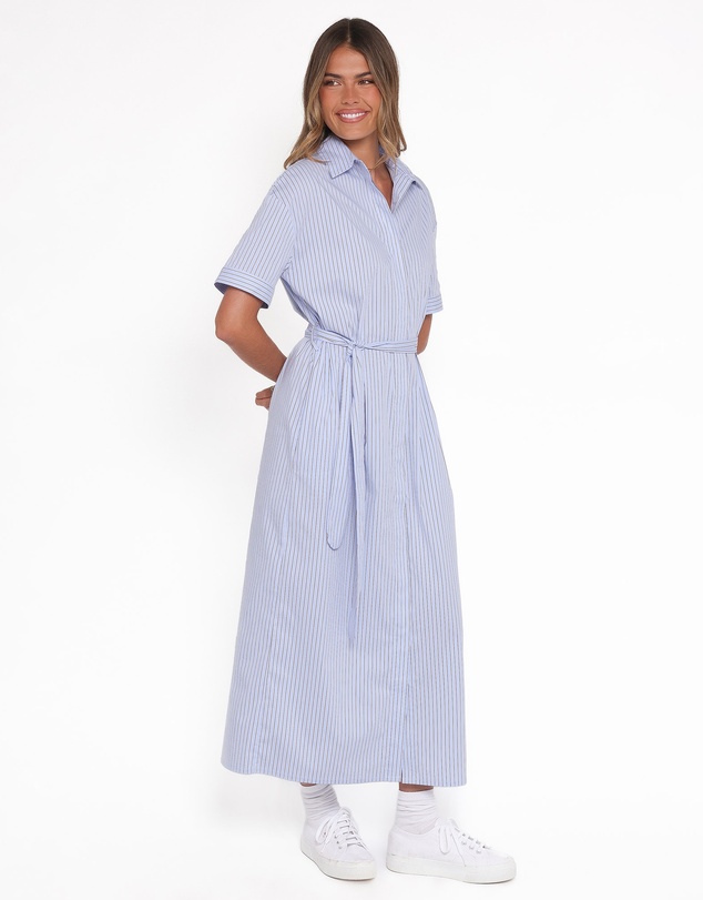 Petal & Pup - Morrison Short Sleeve Shirt Dress - Blue Brown Stripe