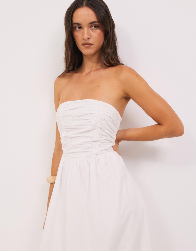 Calli - Strapless Gathered Midi Dress