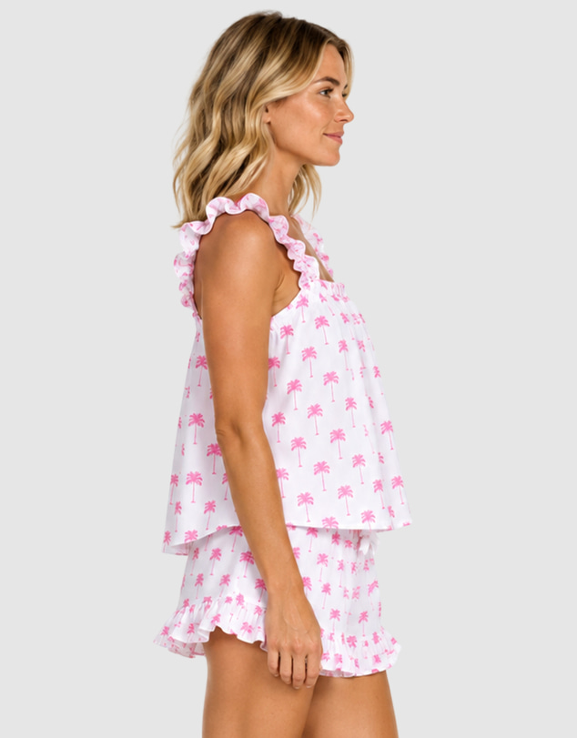 Sant And Abel - Women's Pink Palm Tree Frill Tank PJ Set