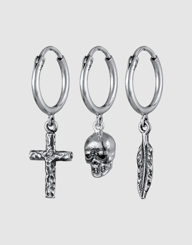 Kuzzoi - ICONIC EXCLUSIVE - Earrings Set Cross Skull Feather in 925 Sterling Silver