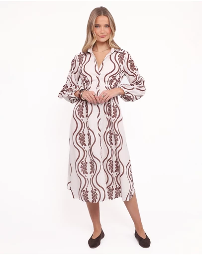 Petal & Pup - Lira Long Sleeve Midi Dress - Brown Print